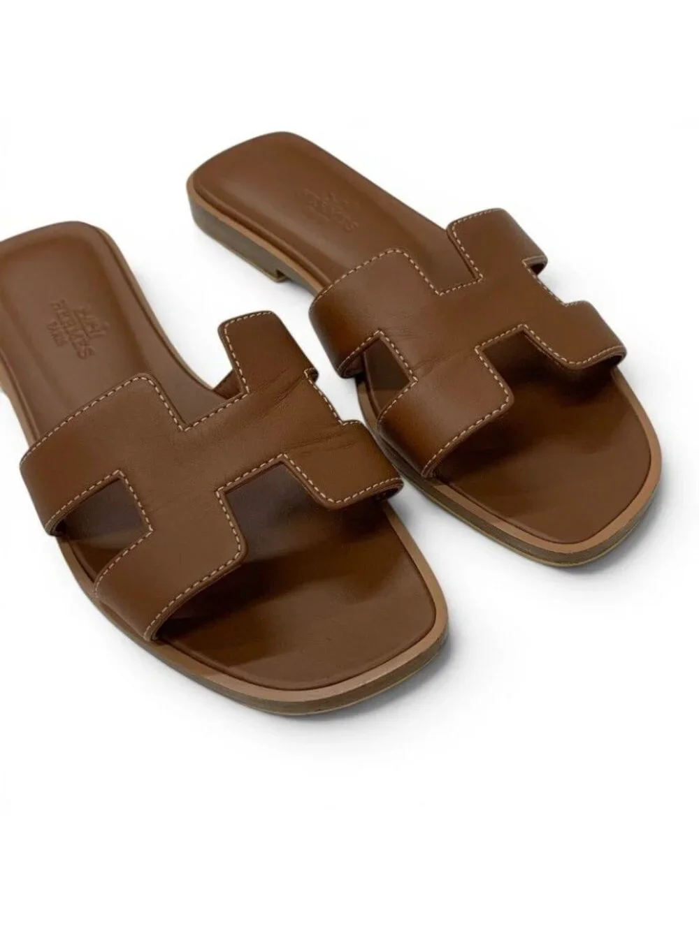 Hermes Oran Sandals Shoes Leather Brown Flat Mules